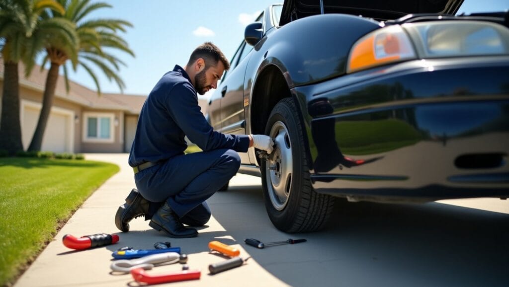 Mechanic wearing gloves and a uniform. The vehicle hood is open, and the neighborhood is visible in the background.