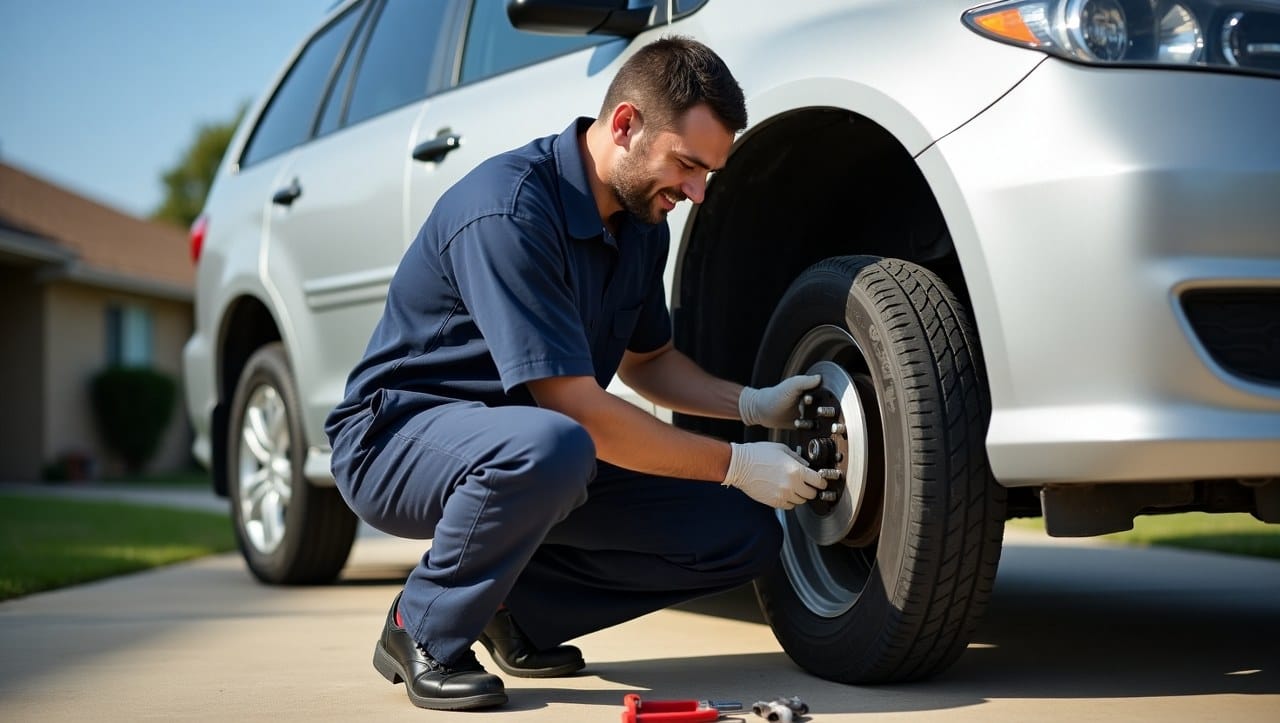 A professional mobile mechanic repairing a car's brake system in a residential driveway in Corpus Christi, Texas, with clear skies, tools on the ground, and the mechanic wearing gloves and a uniform. The vehicle hood is open, and the neighborhood is visible in the background.